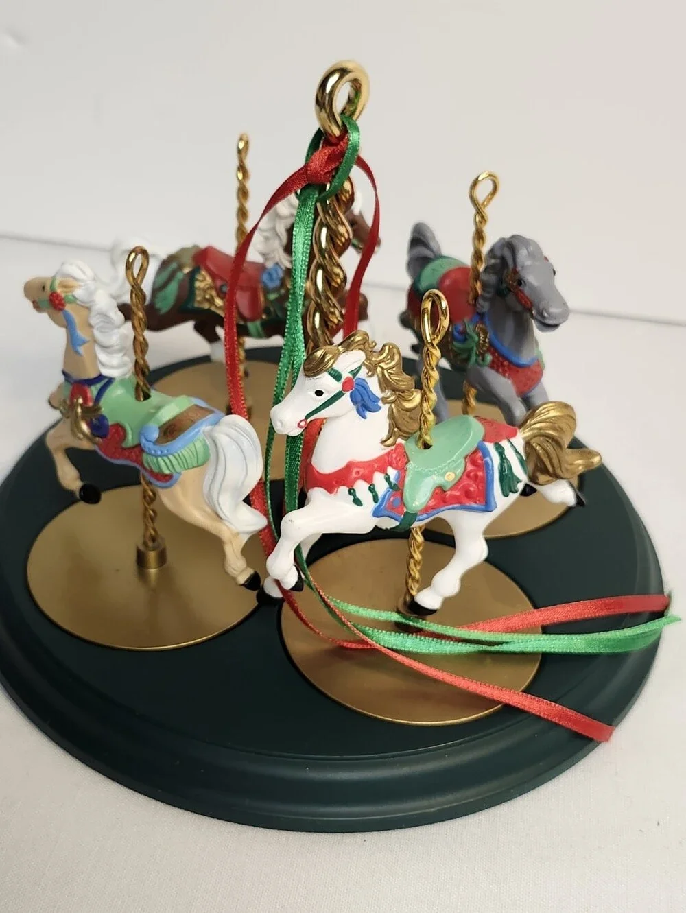 1989 Halmark Holiday Carousel Horse Ornament Set - Green & Multicolor